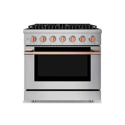 Cuisinière à combustible double 36 po Hauslane en acier inoxydable | 6 brûleurs jusqu'à 20 000 Btus | Four à convection 5,2 pi. Cu. Avec 5 positions de grille | N / L convertible | Porte triple couche Cool-Touch or rose
