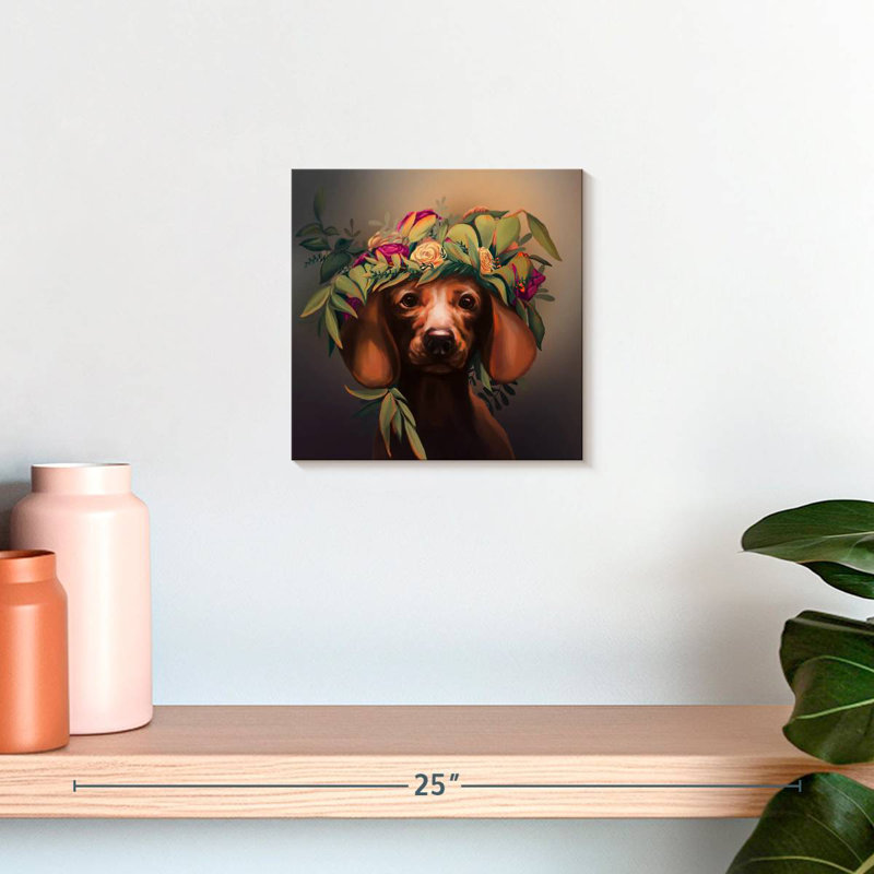 Crowle teckel avec couronne de fleurs, H 10 po x l 10 po