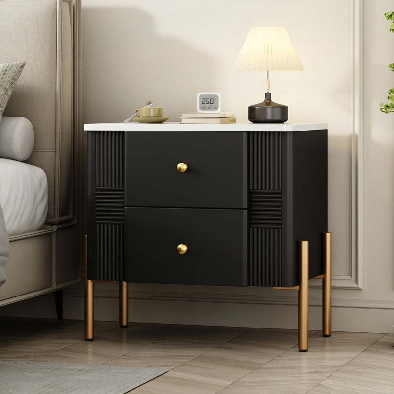 Nightstand with 2 Storage Drawer, Black
