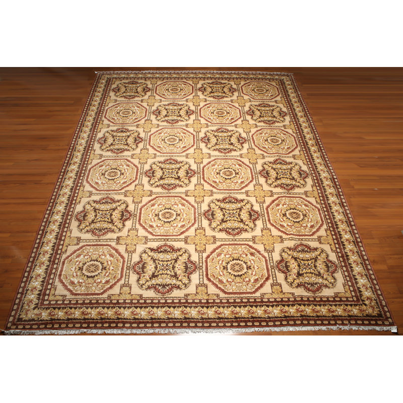 Tapis beige en laine noué à la main de conception unique 12 pi x 18 pi Barcelli