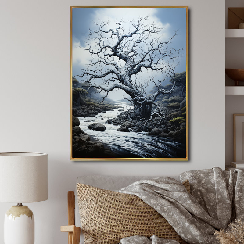 Arbre monochromatique Serenade - paysage art mural, salon, L 24 po x H 32 po, Cadre flottant doré