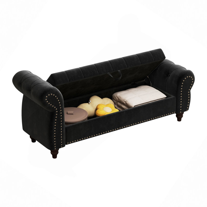 Luxurious Velvet Upholstered Bed Bench with Storage for Bedroom Comfort, Black