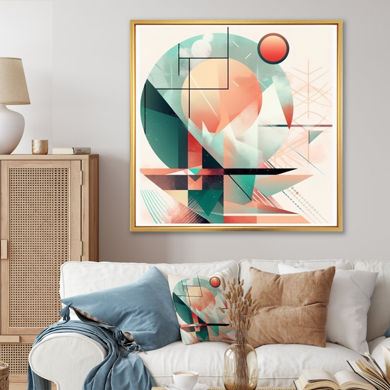 Boho Landscape Earthy Green Unapologetic Pink - art mural moderne sur toile géométrique, Cadre flottant doré