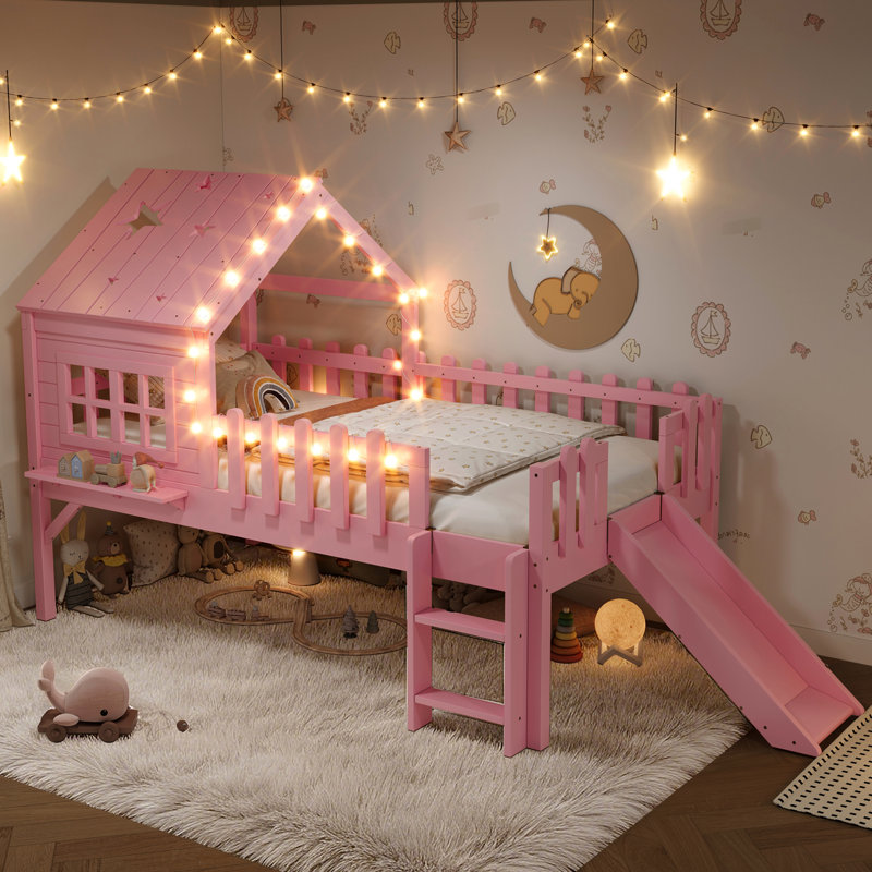 Lit mezzanine simple avec glissade, conceptions d'étoile de lune, fenêtre et lumières à DEL, rails en forme de lune de taille confortable, bois de pin pour dormir