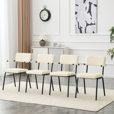 Dining Chairs Set of 2, Huggable Upholstered Dining Chairs with Premium Leather, Table-Hangable Armrests, Metal Legs with Spray Coating Finish (Off-Wh