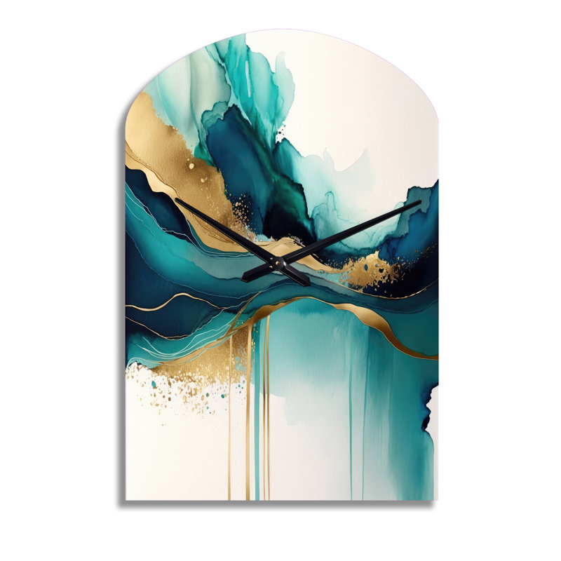 Grande horloge murale turquoise - sarcelle et or - expression abstraite II, Grand