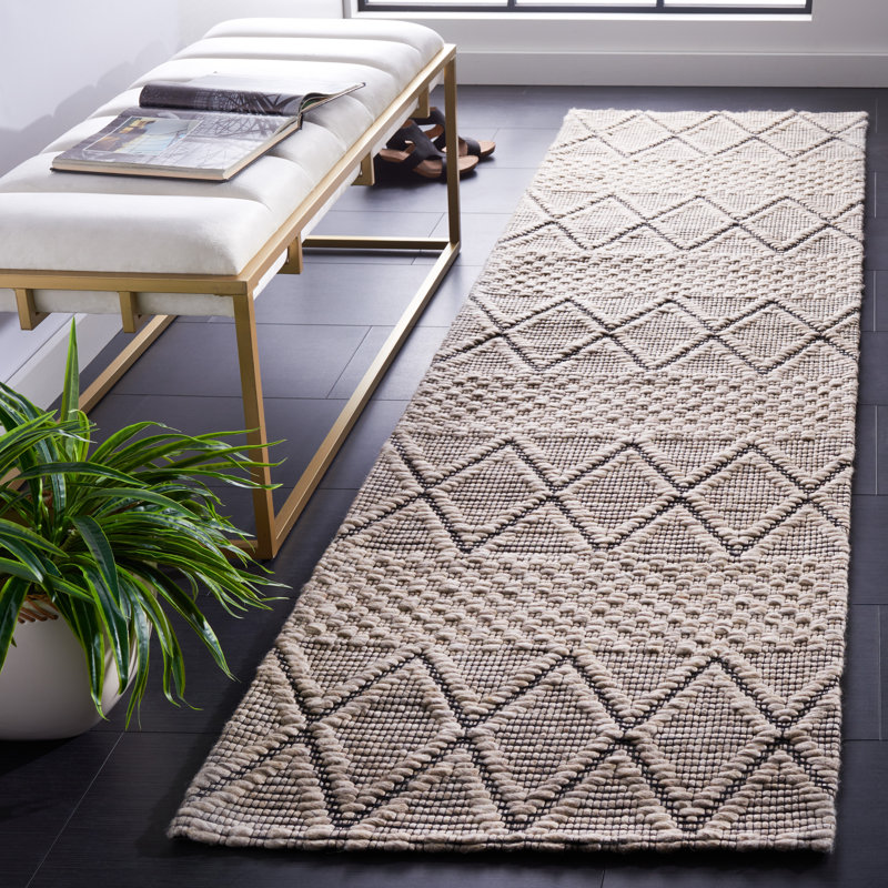 Tapis géométrique en laine et en coton tissé à la main avec latex Marbella, Tapis de couloir 2 pi 3 po x 9 pi