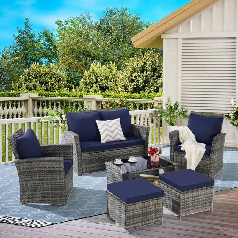 Ensemble de meubles de patio en osier 6 pièces avec table basse en verre trempé, Dark Blue