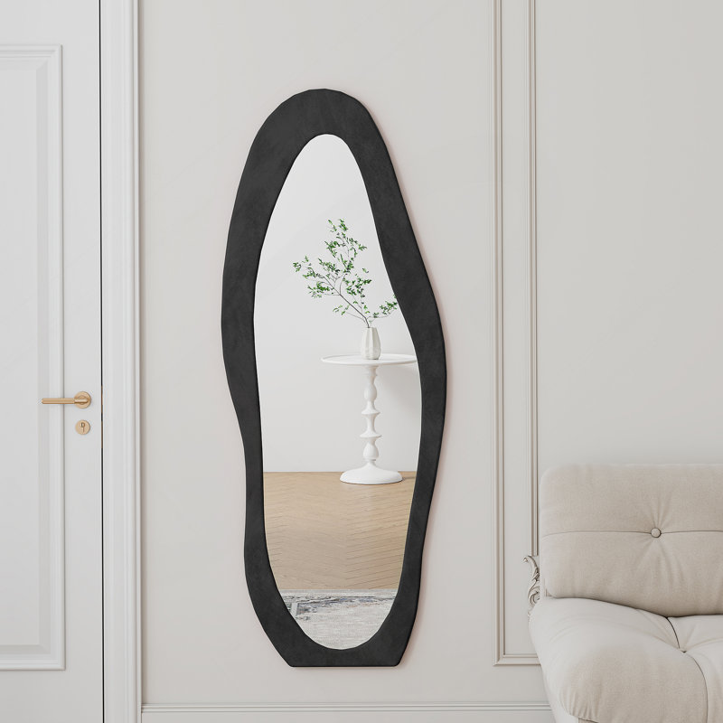 Full Length Mirror,Wooden Frame Floor Mirror,Irregular Wavy Mirror For Bedroom, Living Room, Dressing Room, Black