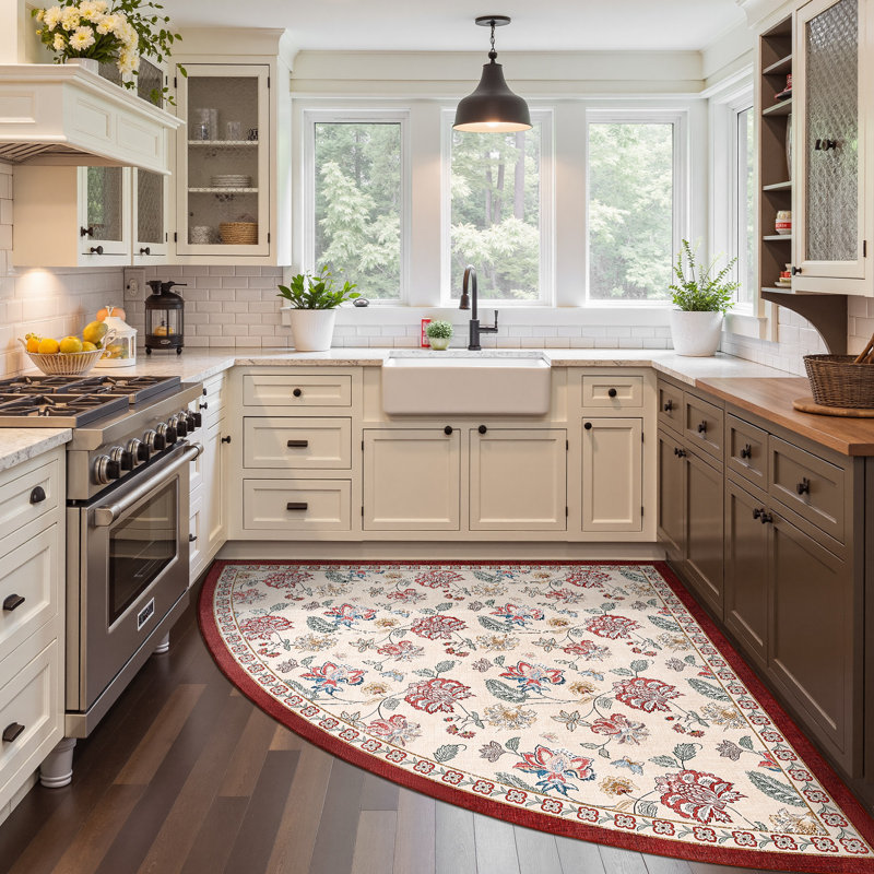 Chinoiserie Floral Rug Vintage Romance Design Washable Non-slip Red/Beige, Slice/Wedge 6', Red/Beige