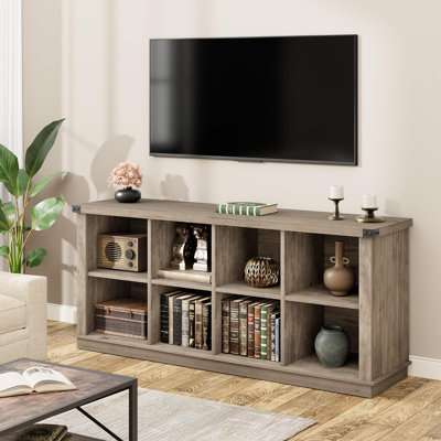 8-Cube Wood Bookcase, Freestanding Storage Cabinet, Rustic Farmhouse Organizer Shelf for Living Room, Office, Entryway, Grey