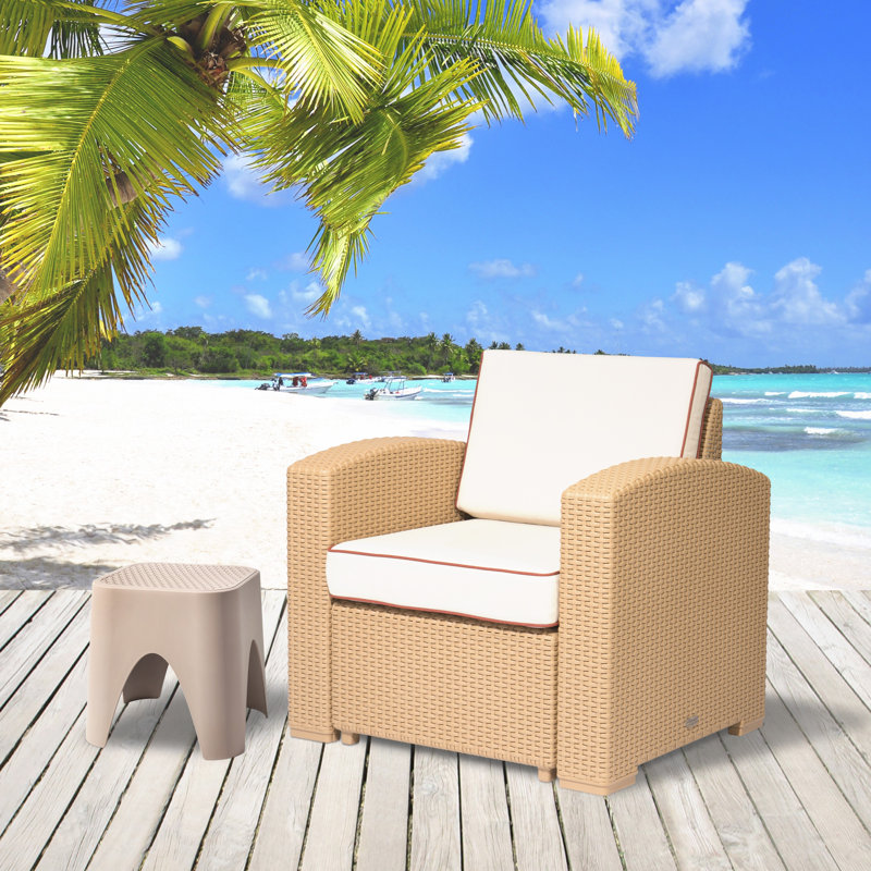 Fauteuil club de jardin Magnolia en résine résistante aux intempéries avec coussin anti-UV, couleur beige avec coussin blanc