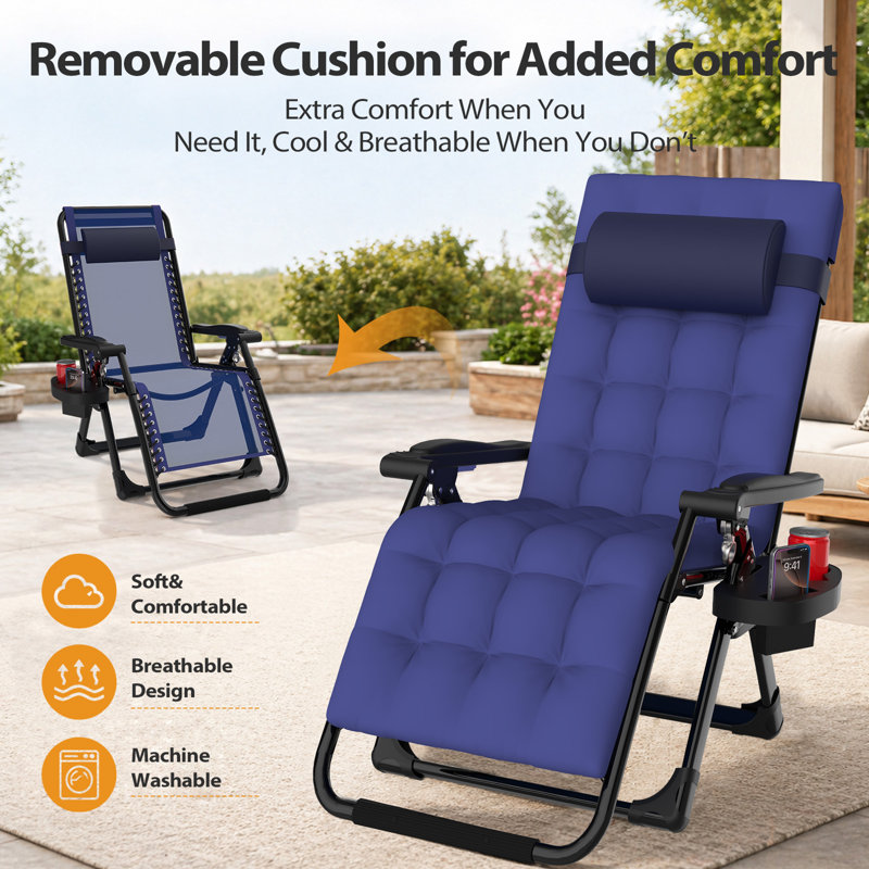 Zero Gravity Chair With Cushion, Adjustable Reclining Patio Lounge Chair With Aluminum Alloy Lock System, Foldable Outdoor Recliner With Cup Holder Tray, Portable Lawn Chair For Patio, Camping & Poolside