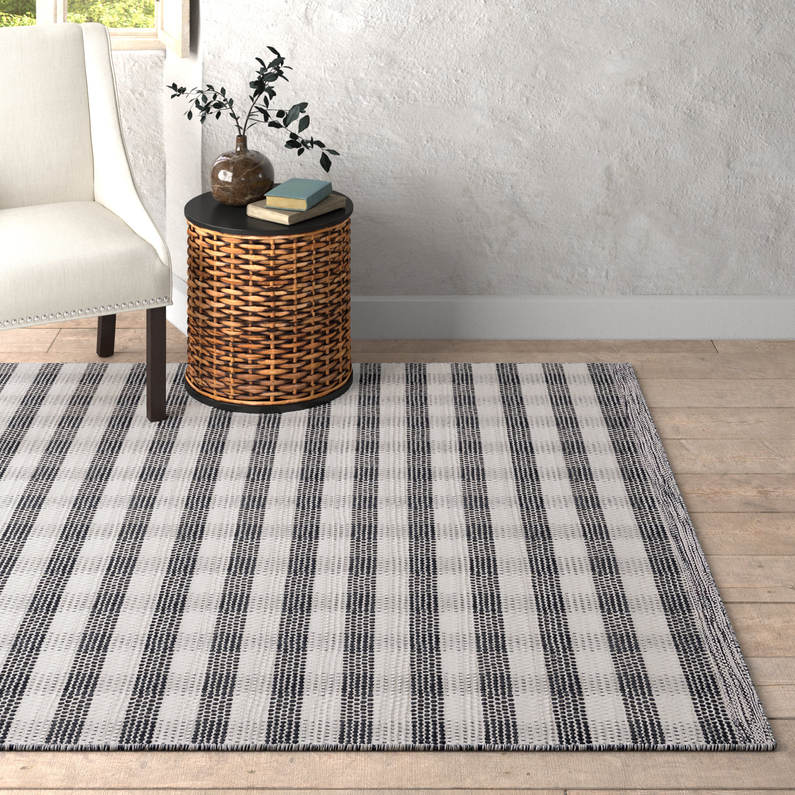 Hutton Black Ivory Hand-Woven Plaid Kilim Rug, Rectangle 6' x 9'