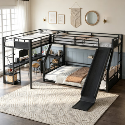 L-Shaped Bunk Bed with Desk and Slide, Metal Triple Bed Frame with Charging Station and Shelves for 3 Kids Teens, Twin XL over Queen Size, Black