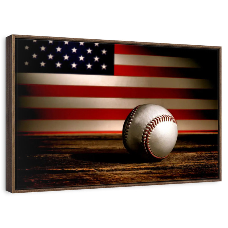 Drapeau américain de baseball, 13 po x 9 po, Cadre flottant noyer