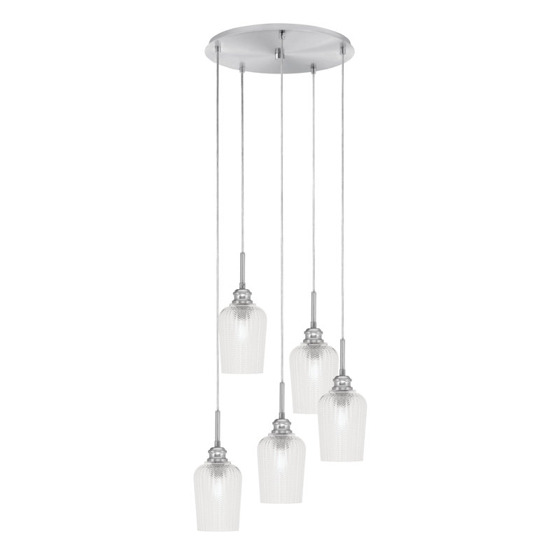 Edge 5 Light Cluster Pendalier With 5" Glass, Brushed Nickel, Clear Textured