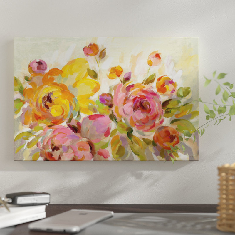 «Brushy Peony», reproduction d'aquarelle sur toile tendue, H 18 po x l 26 po x P 1,5 po, Pas de tapis, Toile tendue