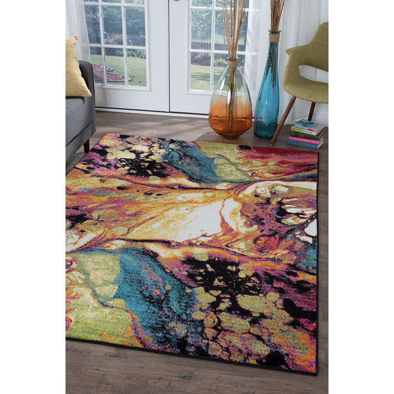 Tapis jaune / bleu à motif abstrait Weisman, Rectangle 8 pi x 11 pi