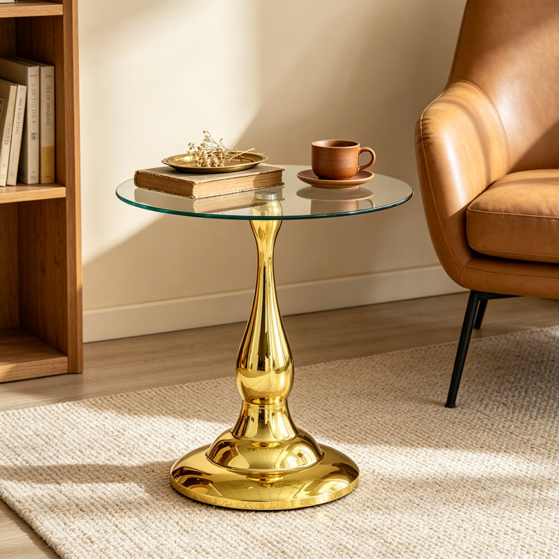 Table d'appoint moderne en métal doré, plateau rond en verre trempé transparent de 50 cm (19,6 po), table de chevet en métal brillant en forme de vase pour salon, chambre ou terrasse