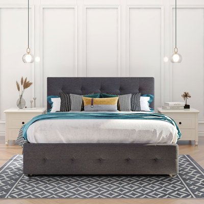 Minimalist Queen Size Linen Fabric Upholstered Platform Bed Frame with Twin XL Size Trundle Bed -  Red Barrel StudioÂ®, 64A55A953DBB4AE29CEF71B65E68C221