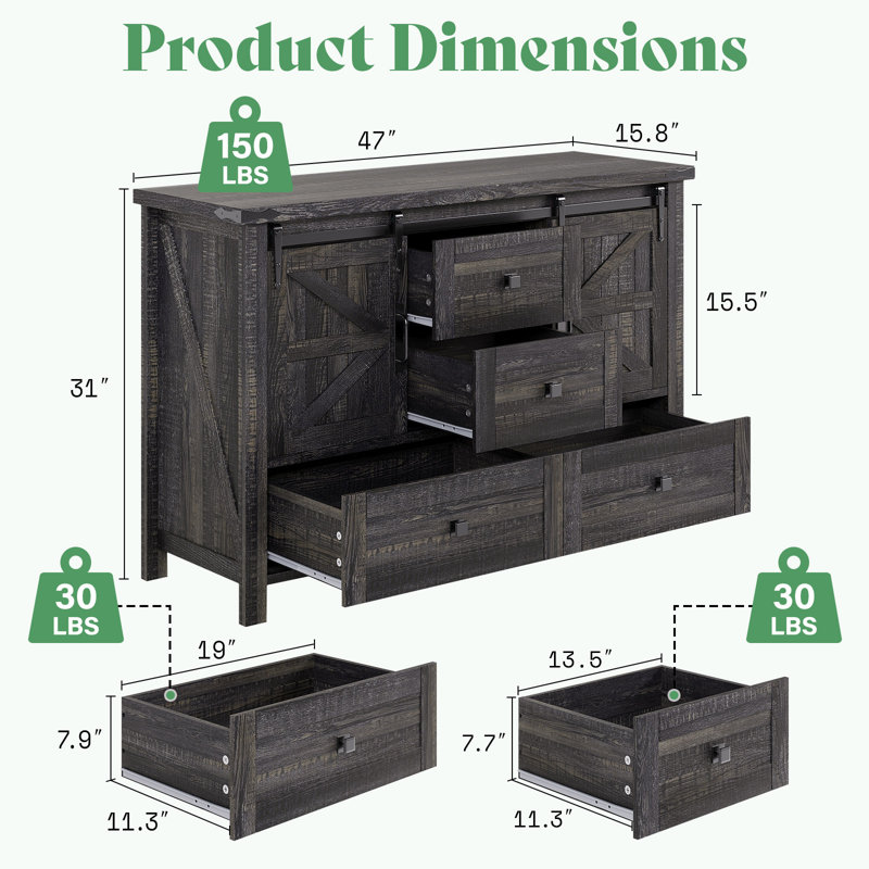 Dreavyn 47" Farmhouse Dresser with 2 Sliding Barn Doors&4 Drawers,Black, Black
