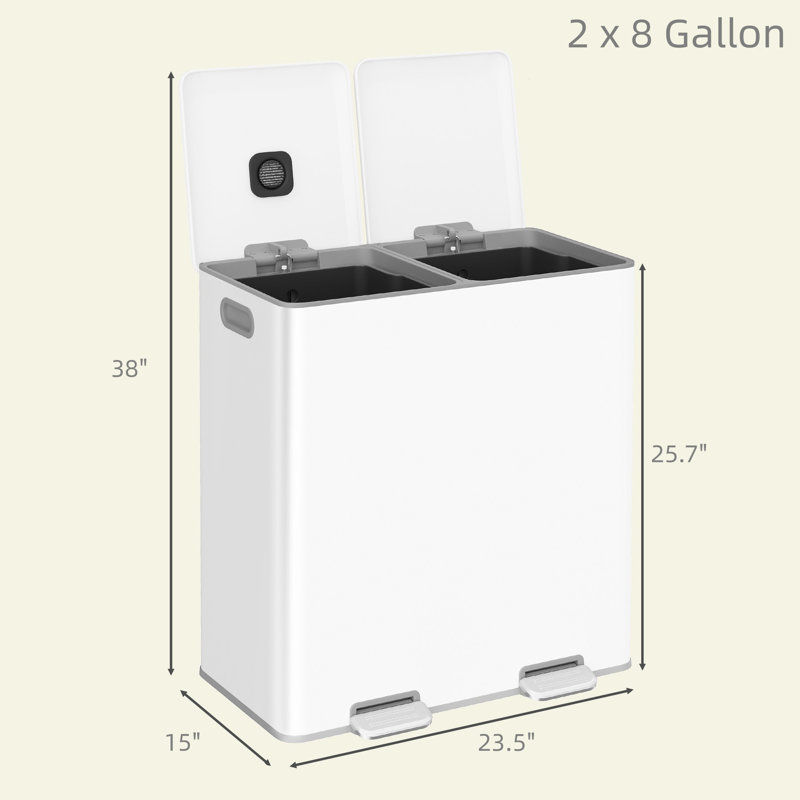 16 Gallon Stainless Steel Double Trash Can with Soft-Close Lids, White