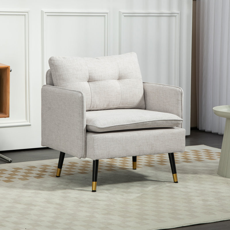 Chaise d'appoint avec coussin de dossier capitonné et pieds en acier pour le salon, Polyester crème / blanc