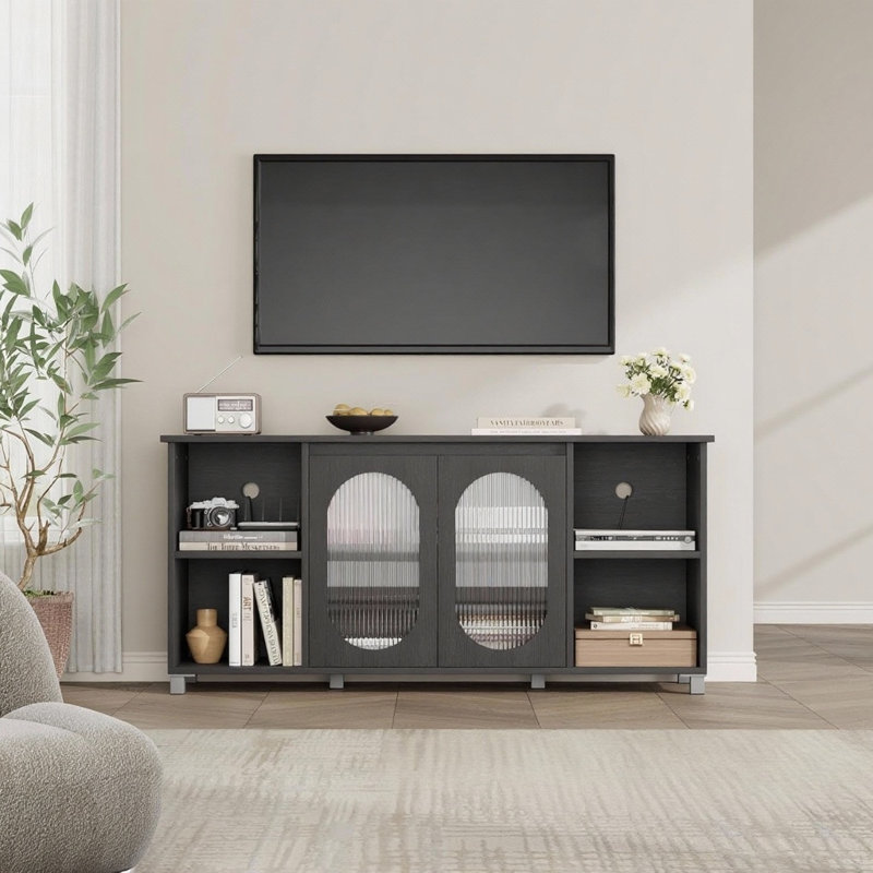 63" Modern TV Stand, With Fluted Glass & 3 Open Shelves, Black