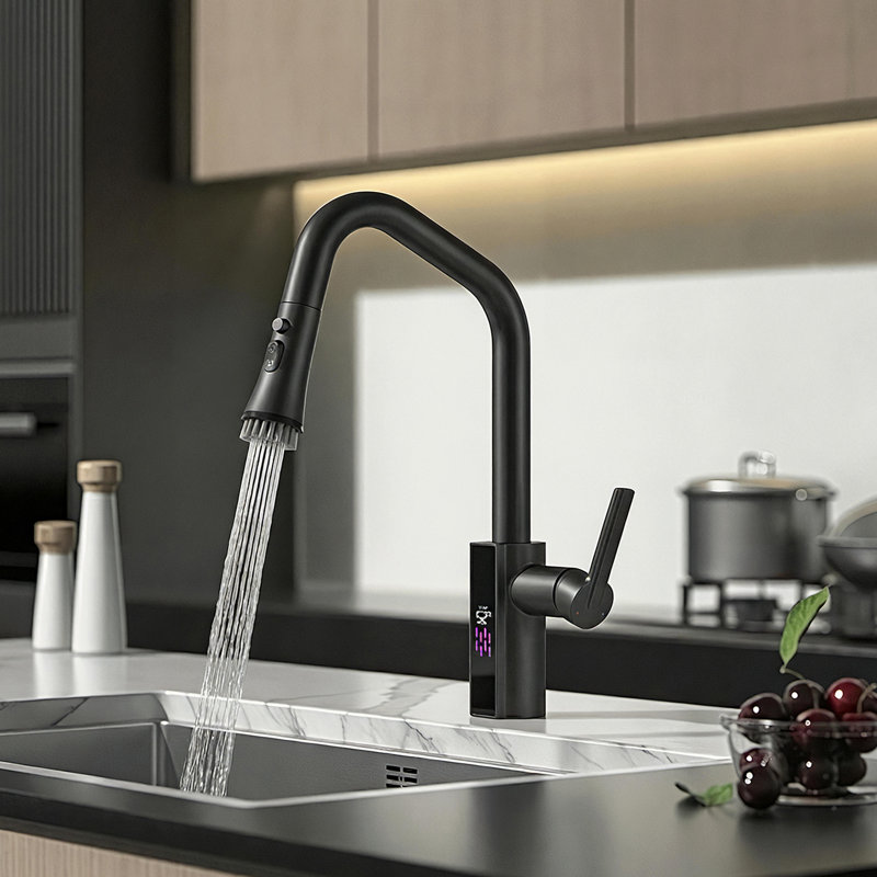 Robinet de cuisine rétractable avec brosse de nettoyage intégrée, affichage de la température à DEL, 3 modes de pulvérisation