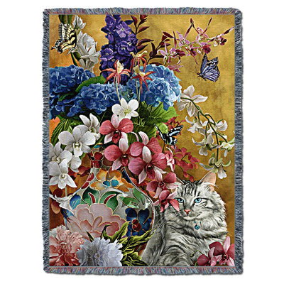 Pure Country Weavers Gilded Cat and Flowers Blanket by Nene Thomas - Gift for Cat Lovers - Tapestry Throw Woven from Cotton - Made in The USA (72x54)