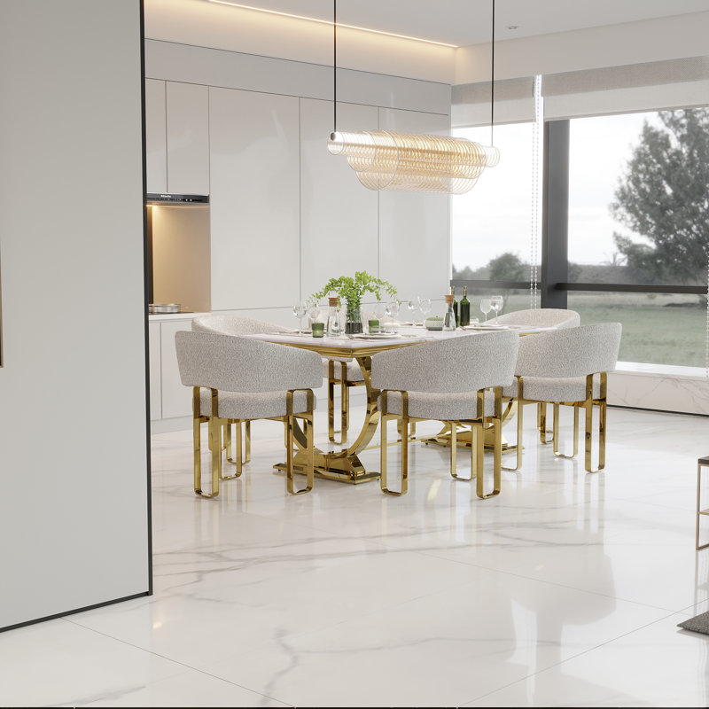 Ensemble de table de salle à manger 72 pouces avec chaises Boucle, 7, Blanc, Beige / or