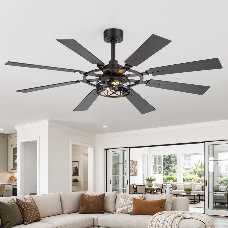 52 po / 65 po. Ventilateurs de plafond noirs avec lumières - Ventilateur de plafond intérieur avec lumière et télécommande, 8 pales, ventilateur de plafond moderne réversible pour chambre à coucher
