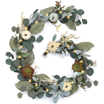  Guirlande d'automne feuilles d'eucalyptus pour le manteau de cheminée, guirlande de citrouille de 6 pi avec lumière succulente pour centre de table de l'Action de grâce, décorations d'automne extérieures pour foyer d'automne