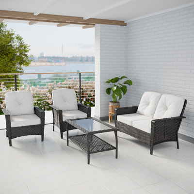 4 Piece Brown Rattan Wicker Widen Armrest Sofa Seating Group Outdoor Conversation Set with Cushions