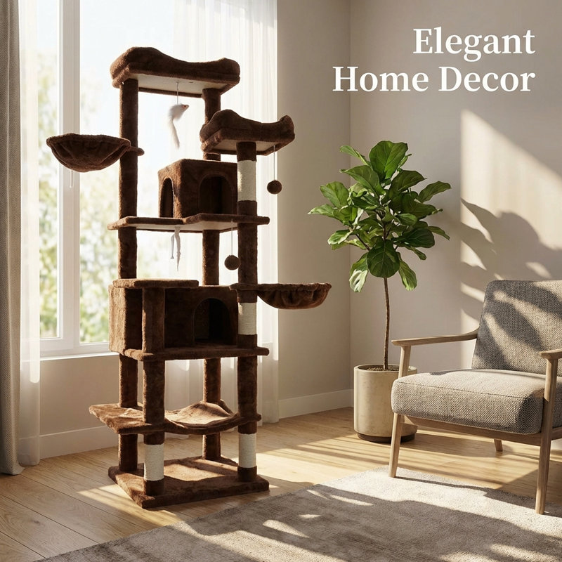 Arbre à chat de 68 po de hauteur à plusieurs niveaux avec hamacs, panier suspendu, grotte pour chat, coussin amovible, poteaux à griffer - tour de chat en peluche pour chats d'intérieur, parfait pour plusieurs chats bruns