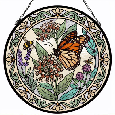 Butterfly Garden Stained Glass Window Panel，7.8H