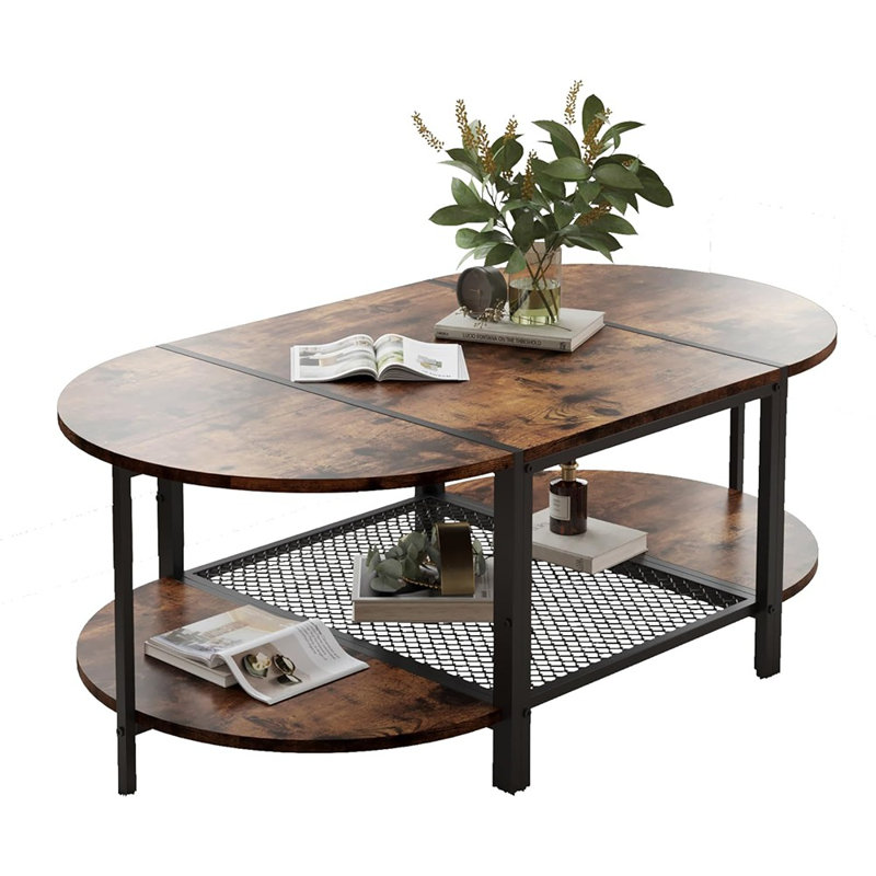 Table basse ovale, centre de salon brun à 2 niveaux avec structure en métal et tablette de rangement