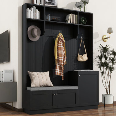 Portemanteau élégant avec des solutions de confort et de rangement, armoire à chaussures fonctionnelle avec banc et coussin, portemanteau moderne avec crochets pour les entrées