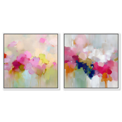 Pink and Chartreuse Duet Canvas Print Sunset Wall Art Set by Art Remedy, White Frame, 16 x 16