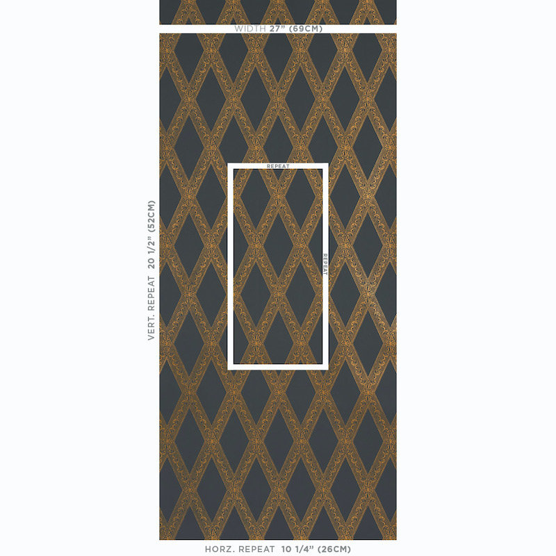 Rouleau de papier peint L 27 pi x l 27 po Les 'Losanges, Or sur noir