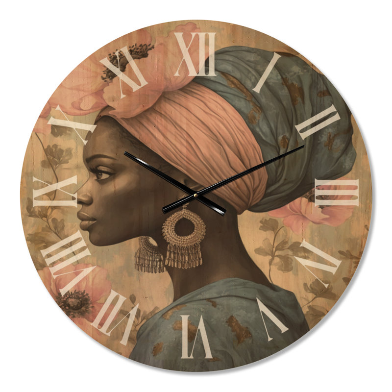 Horloge murale décorative glamour Floral Crowned Muse II, imprimée sur bois, Grand