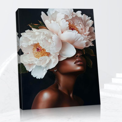 African American Woman Wall Art, Abstract Flower Black Woman Canvas Art Prints For Bedroom Wall Decor, African Women Portrait Floral Painting Framed, Black Girl - Black Wall Art For Women 18X24 Inches