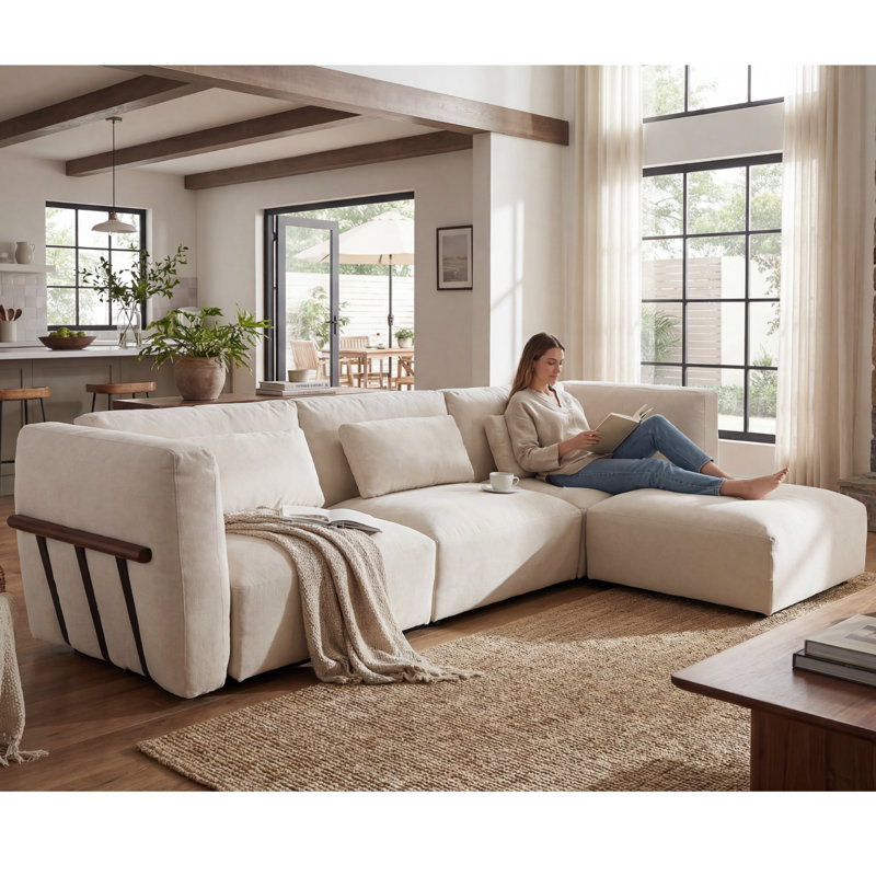 4 Pieces L Shaped Upholstered Sectional Modular Cloud Sofa With Ottoman, White Chenille