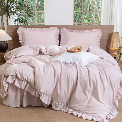 MooMee Ruffle Duvet Cover Set Lightweight Breathable 100% Washed Cotton Linen Like Textured