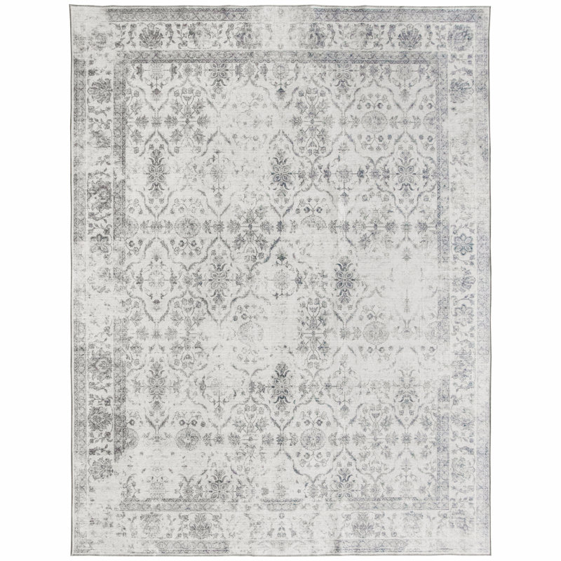 Roshun Noor Vintage Machine Washable Area Rugs, Rectangle 4' x 6', Ivory Gray