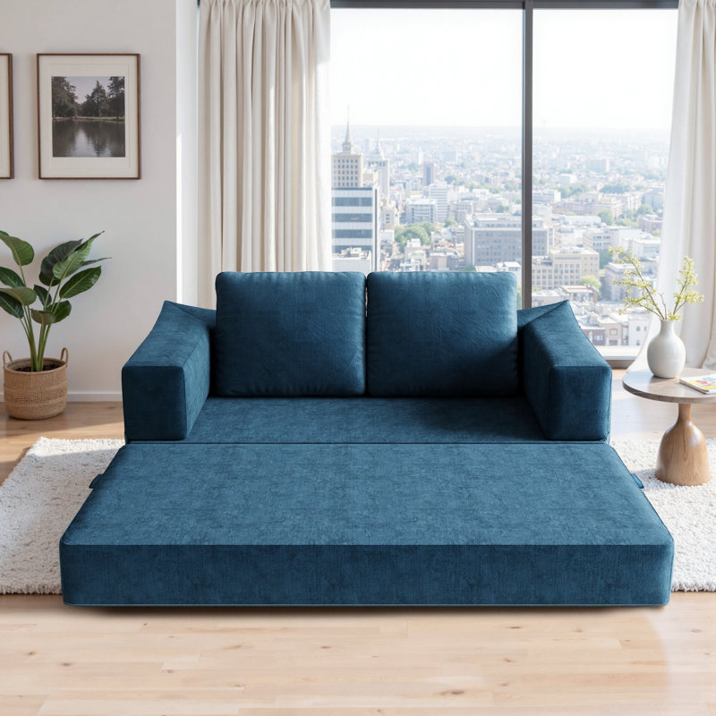 Dential 70.8" Upholstered Loveseat Convertible Sleeper Sofa Bed, Blue