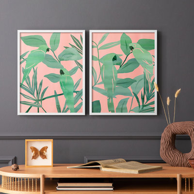 Oiseaux de paradis rose et vert, reproduction encadrée de qualité supérieure - prête à être accrochée - aucun clou requis - aucun clou requis