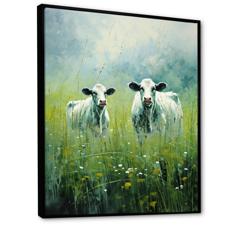 Vache dans les pâturages verdoyants sur toile, Cadre flottant noir, H 32 po x l 16 po x P 1 po