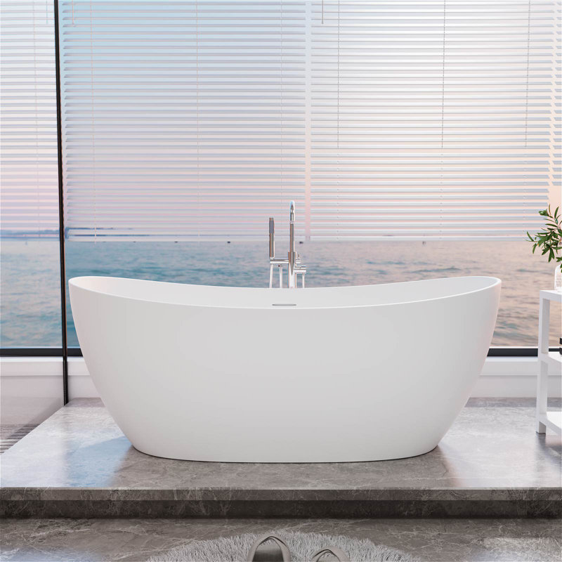Baignoire autoportante de 63 po à surface solide de 63 po, baignoire profonde à double glissement, conception élégante pour les salles de bain modernes